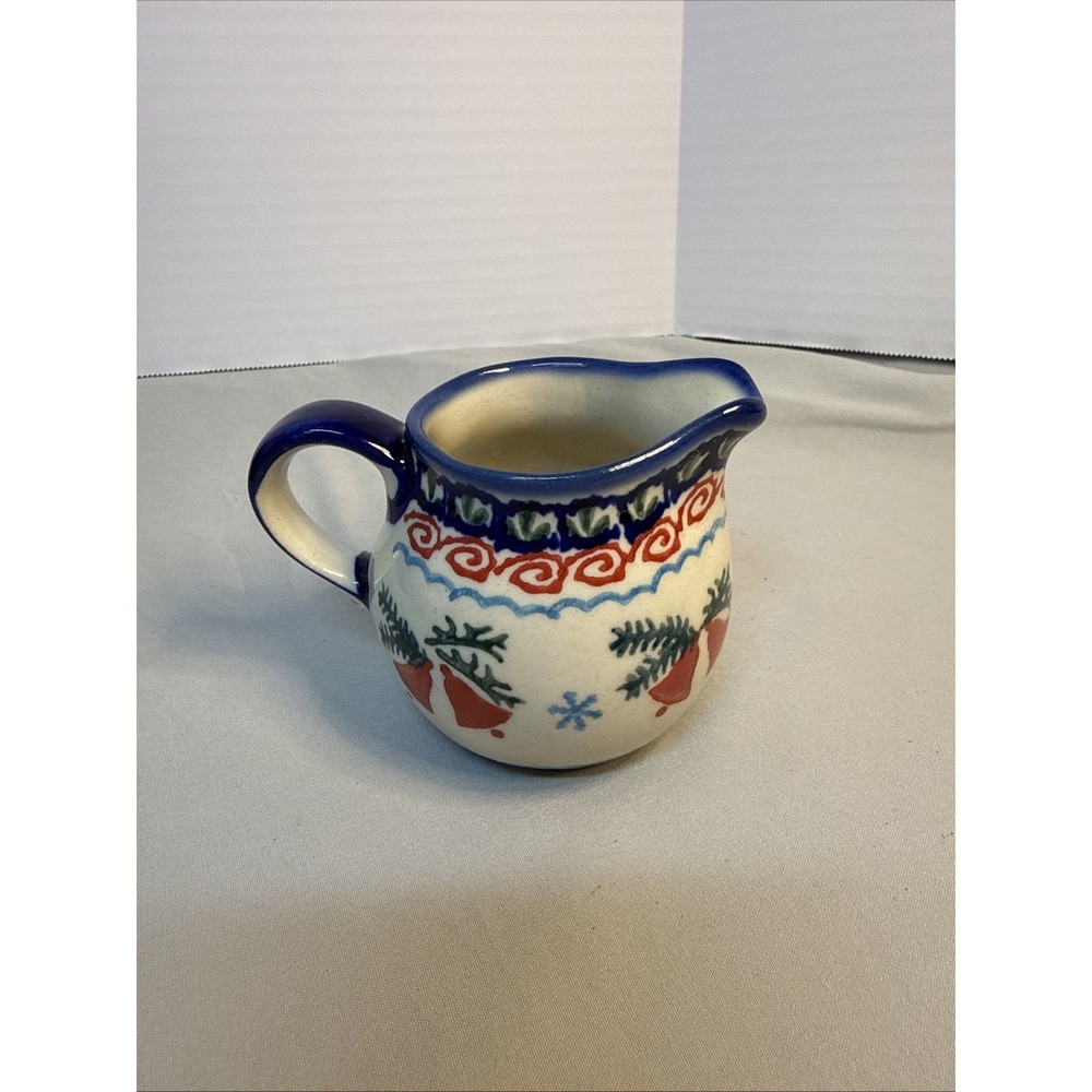 ANDAF Polish Pottery UNIKAT Creamer Pitcher Christmas Bells Holly Holiday